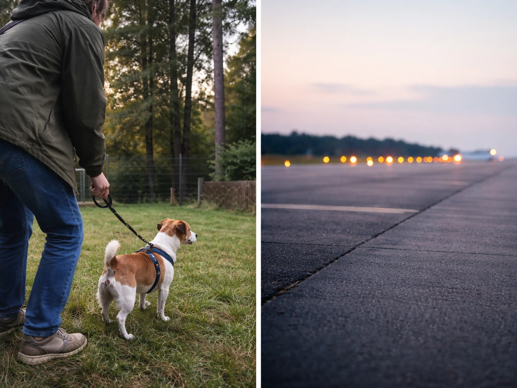 Leashed small dog supervised in a yard alongside an empty airport runway at dawn for wildlife strike awareness