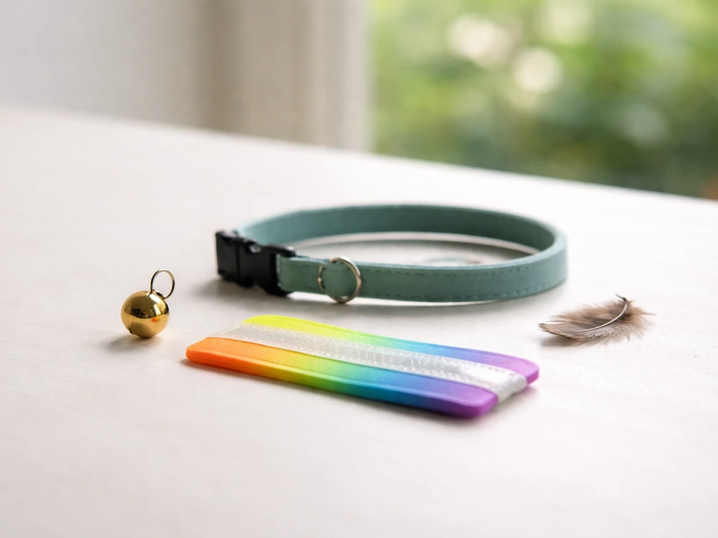 Tabletop photo of bell collar and reflective visibility bib pieces with a single feather nearby.