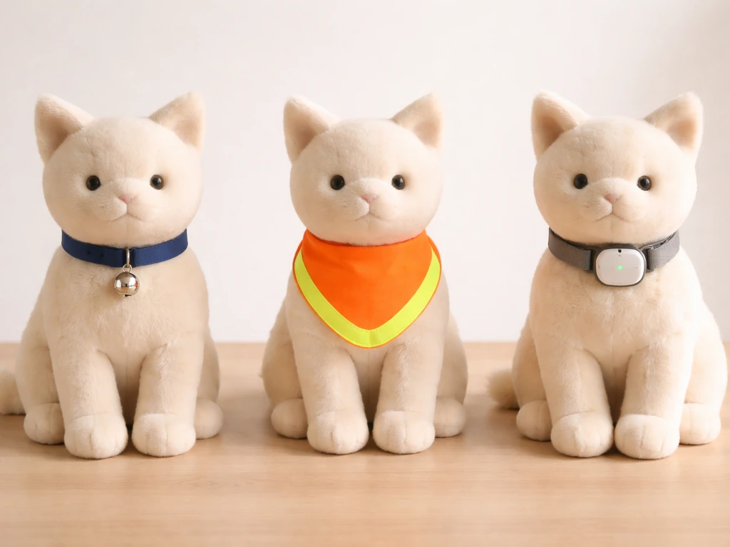 Three cat collar options displayed side-by-side on cat props: bell, visibility collar, and small tracker.