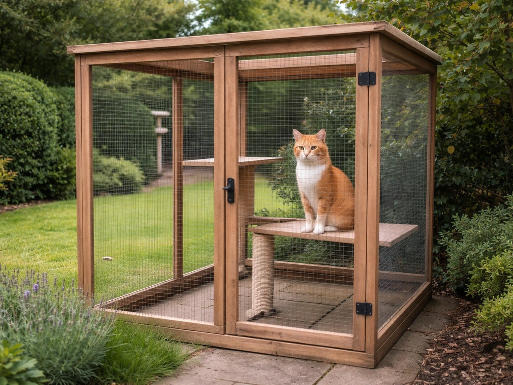Orange-and-white cat in a wooden mesh catio in a quiet UK-style garden with birds nearby