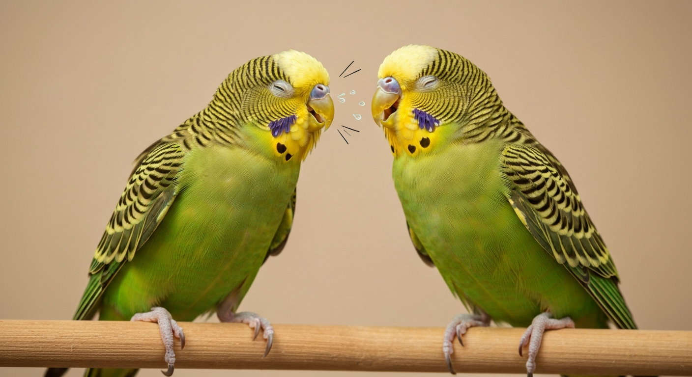 Photorealistic illustration of a small parrot sneezing, showing expelled air and nasal discharge