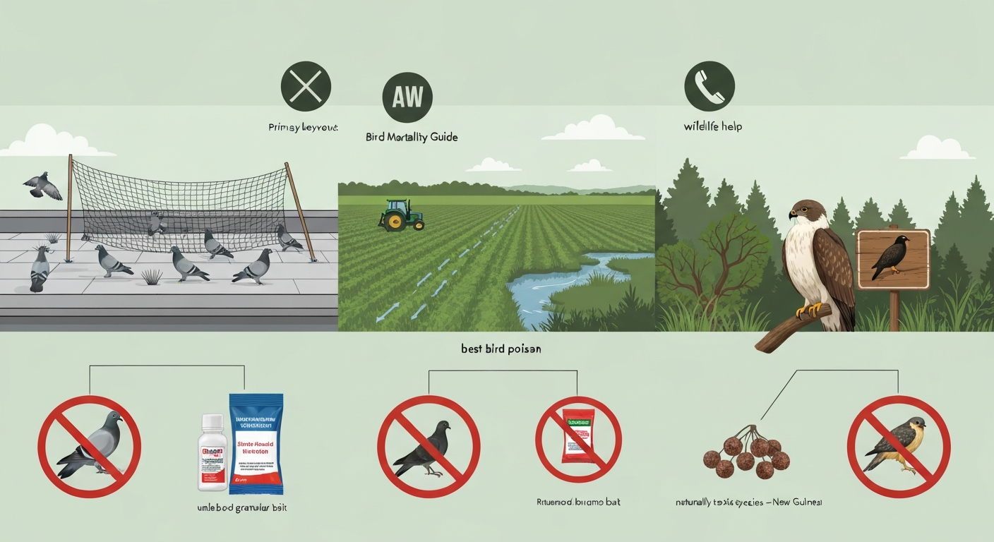 Editorial infographic showing urban, agricultural, and forest scenes with birds; pesticide/rodenticide items crossed out and icons for legal protection and wildlife help — conveys caution and lawful alternatives.