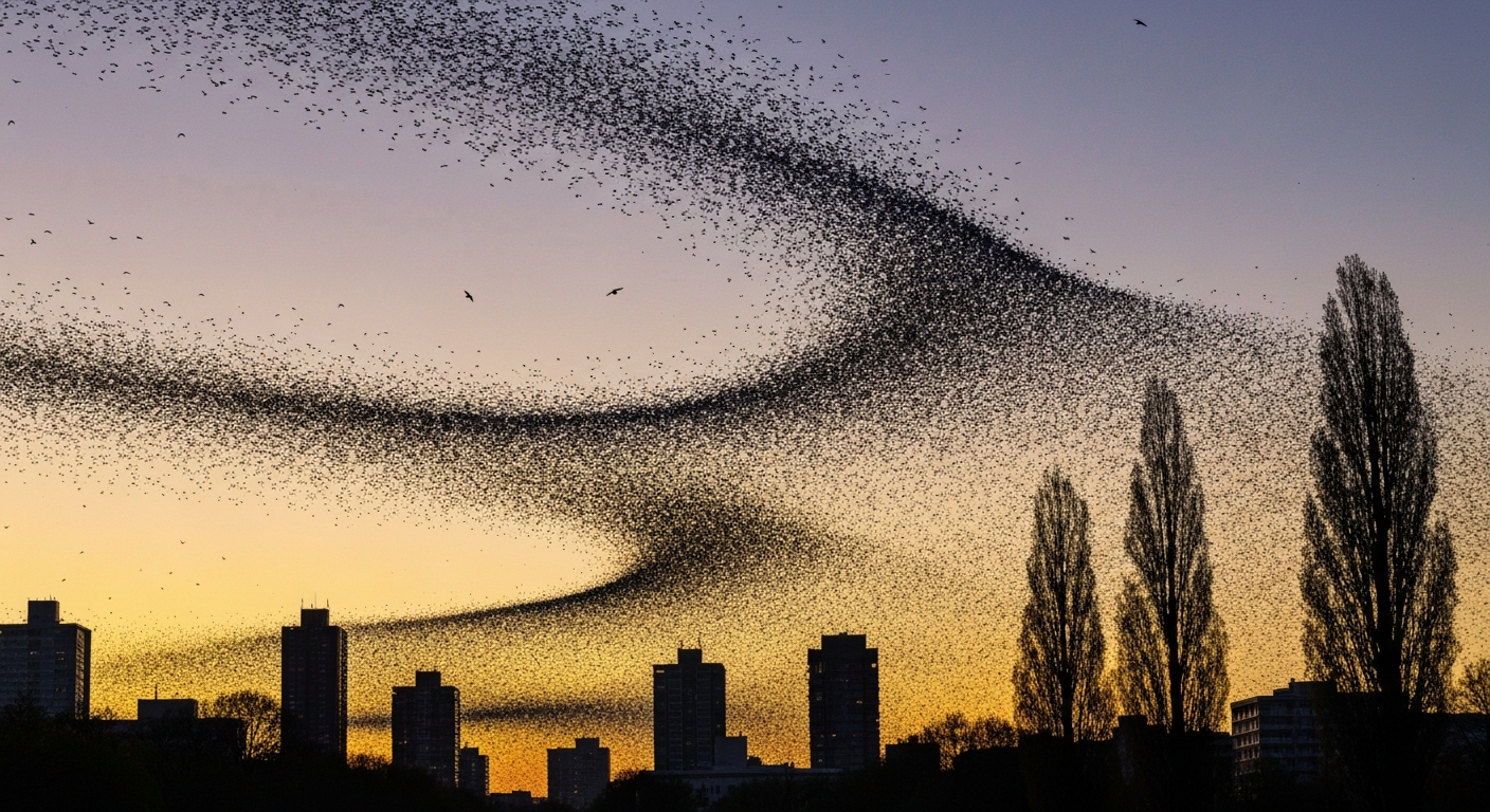 A vast murmuration of European starlings swirling over a city skyline at dusk, showing the scale and density of the flock.