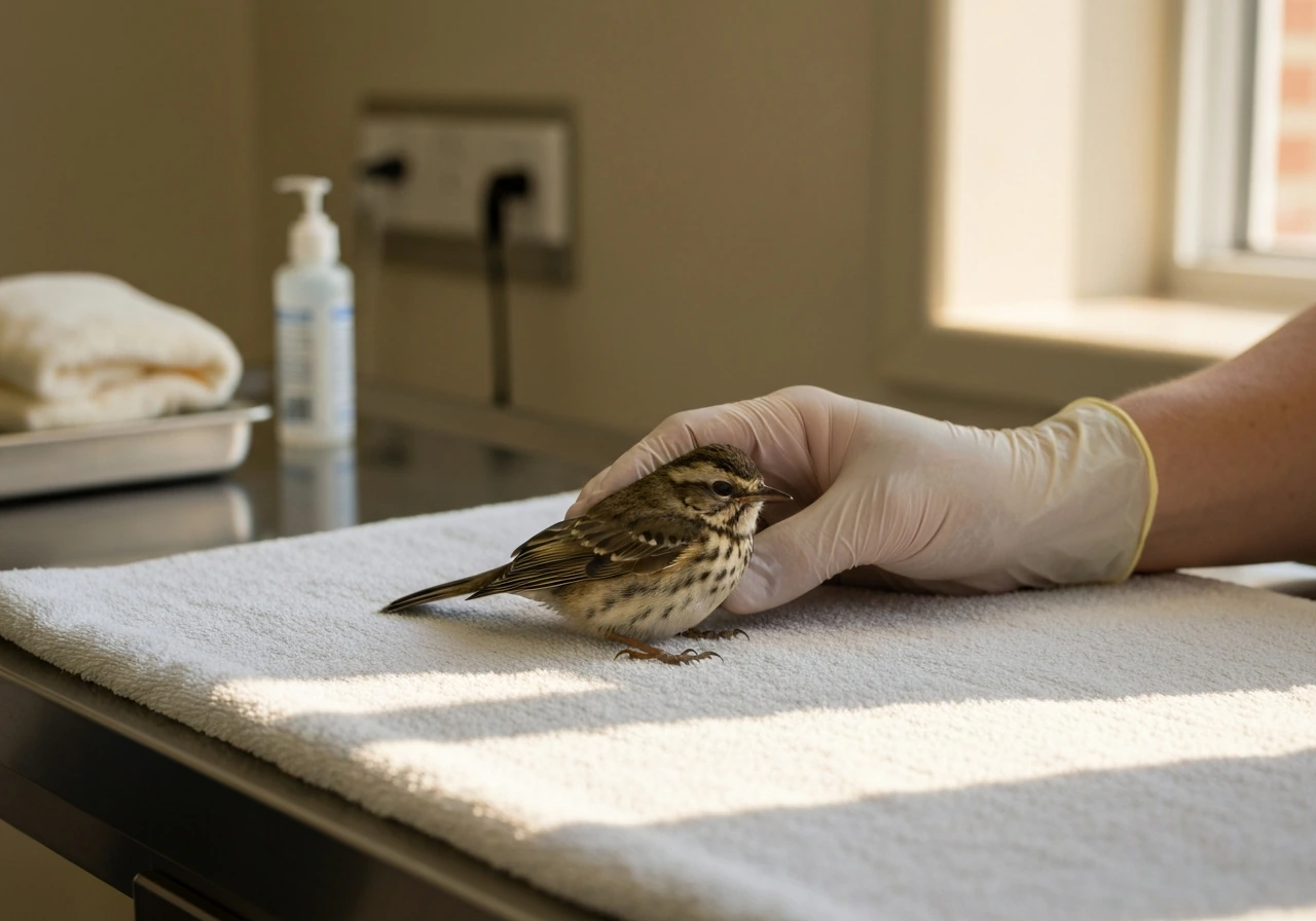 Small injured songbird resting on a rehab exam table while a gloved vet gently supports it.