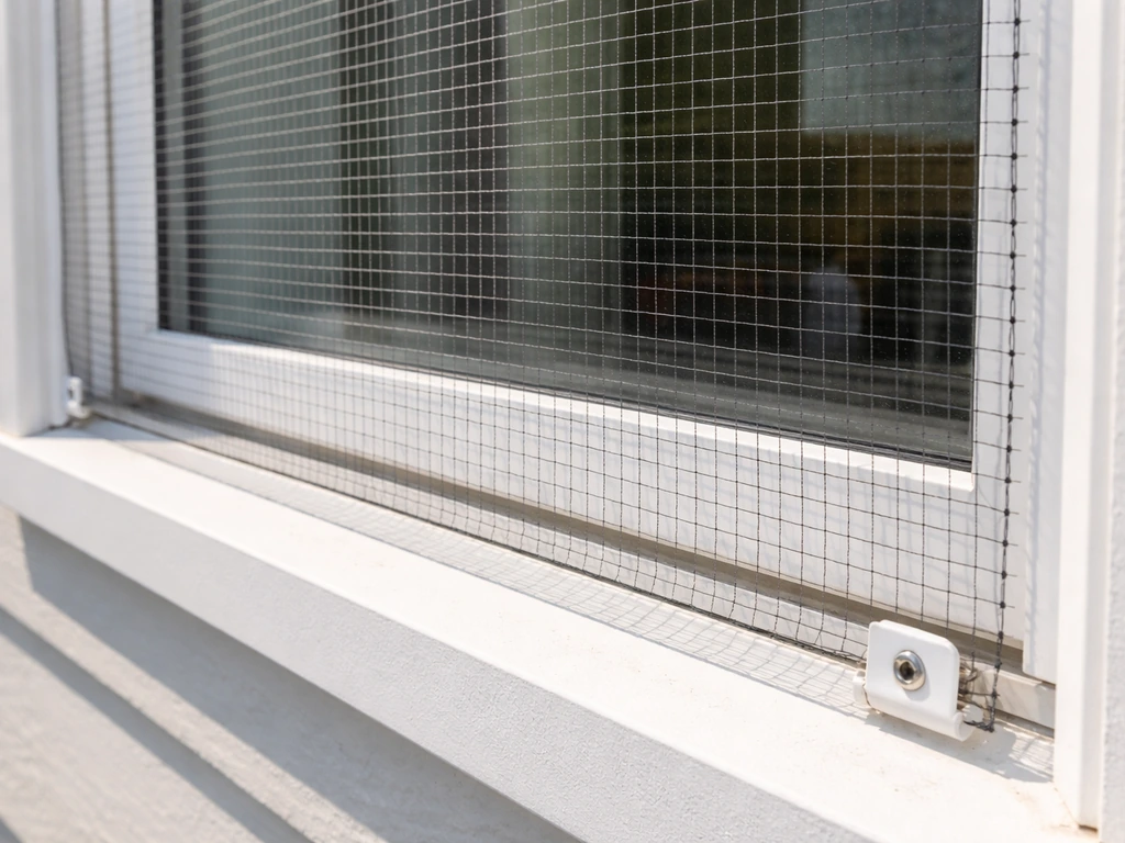 External bird-safe window screen netting mounted with small gap from glass using simple brackets