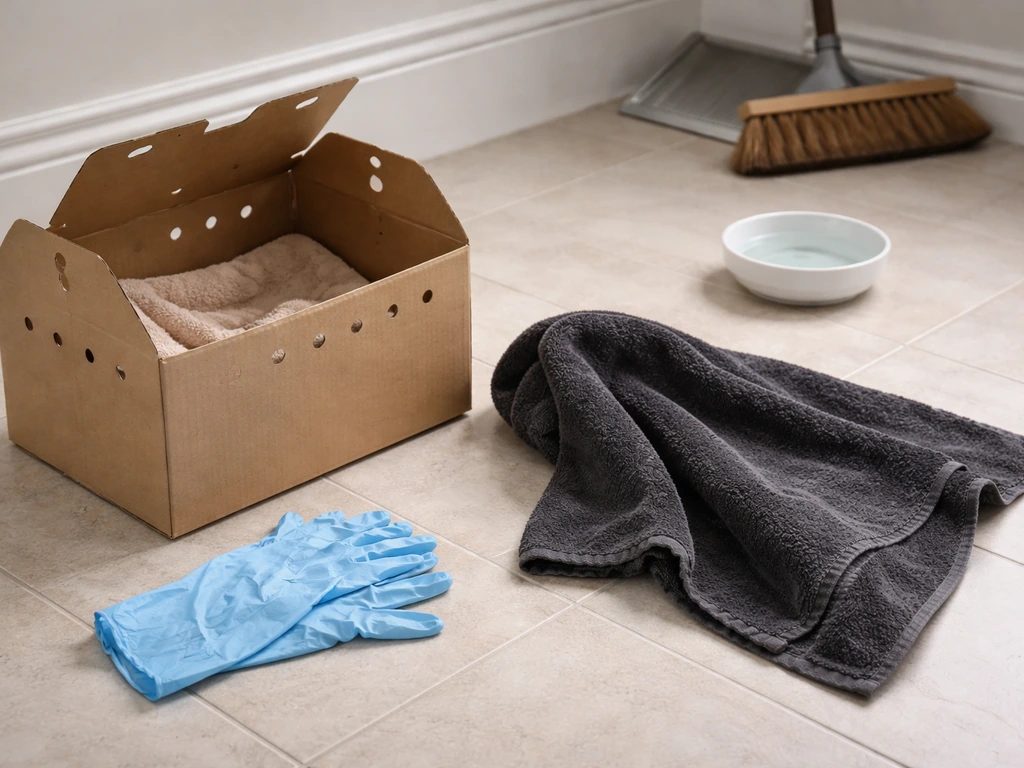 Gloved hands and a lined carrier/towel set up to help a stunned bird safely indoors.