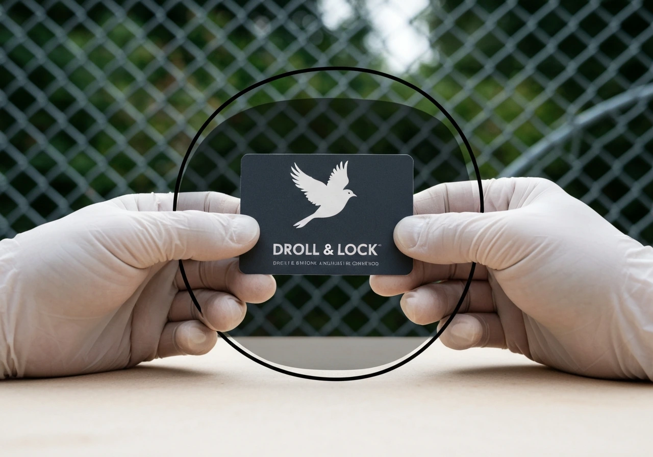 Gloved hands hold a Droll & Lock Bird card with a dark halo cue over a blurred chain-link fence.