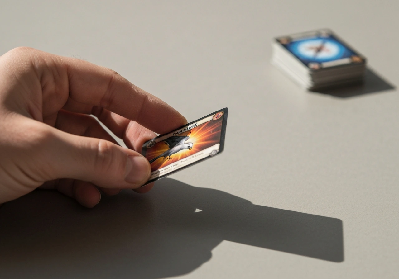 Close-up of an anonymous hand holding a trading card over a tabletop, suggesting card-game hand-trap timing.