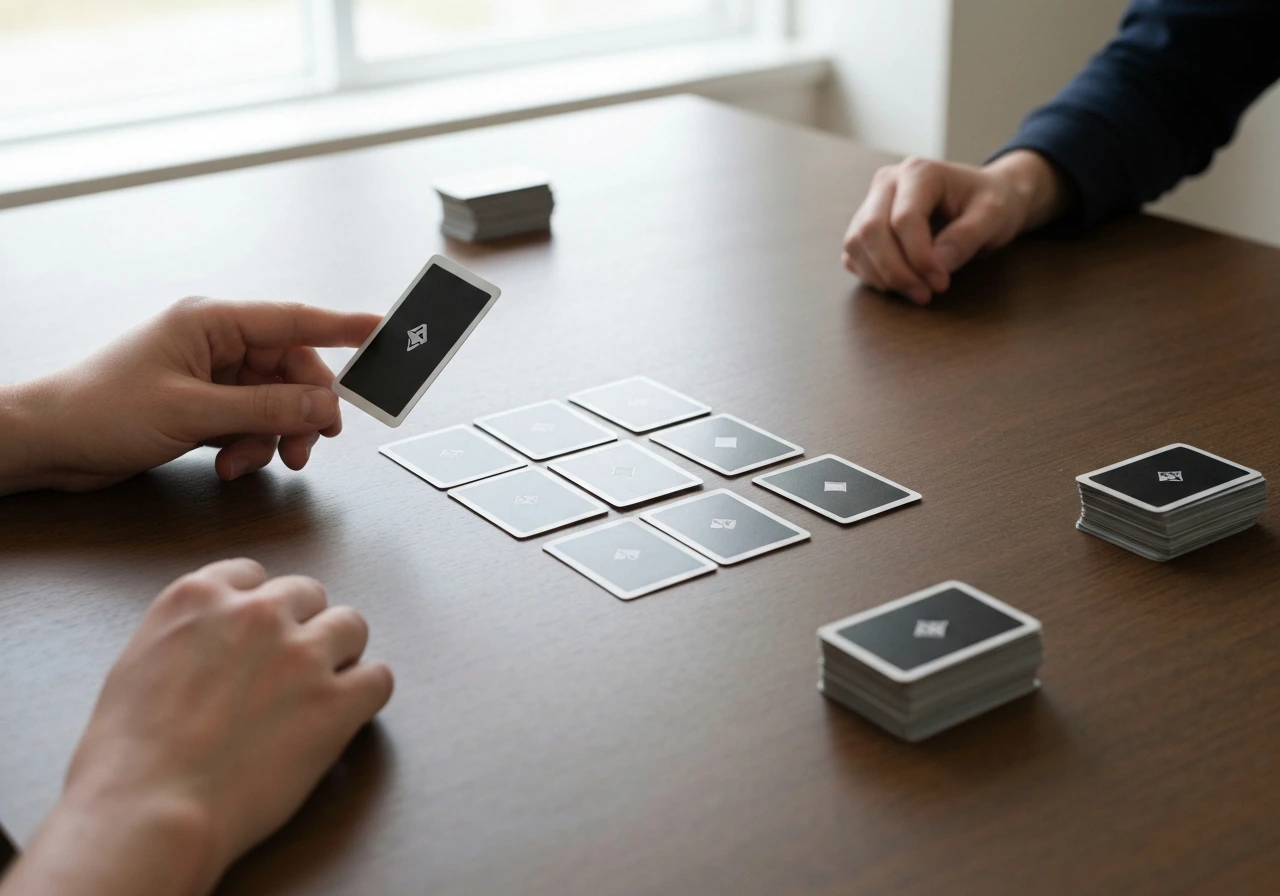 Hands hold a card too late while opponent’s face-up cards are already resolved on a simple table.