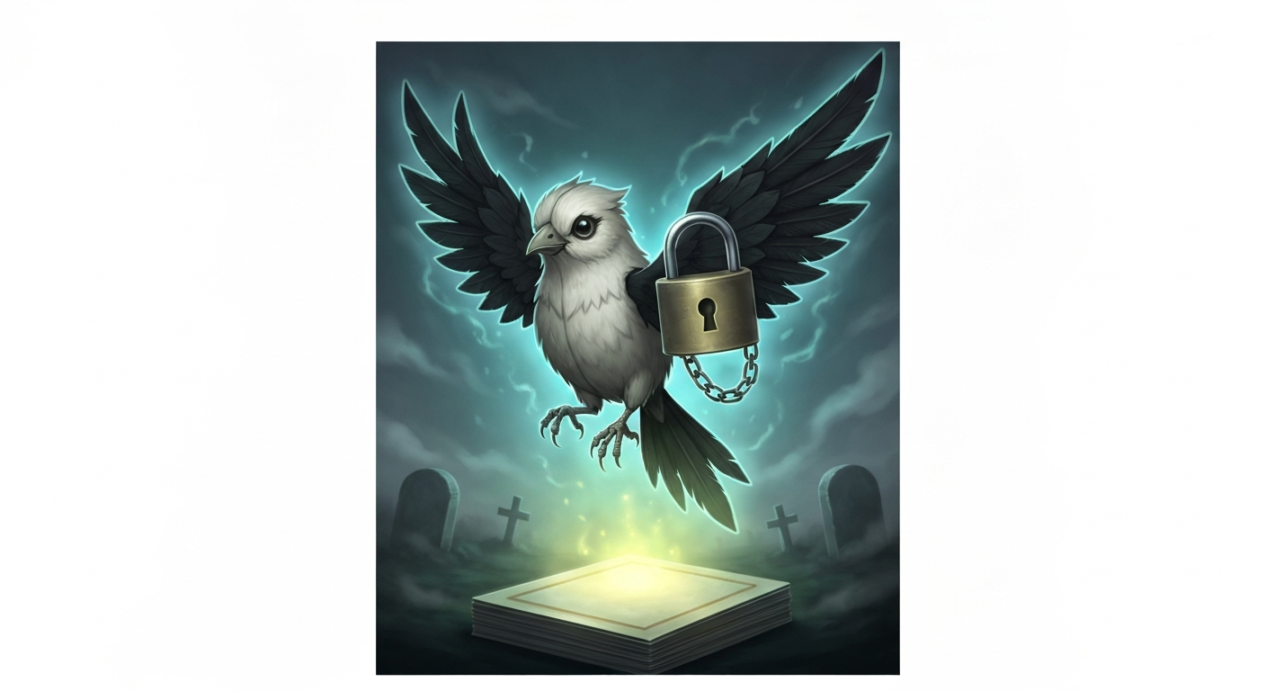 Stylized illustration of a paper-like bird with a padlock wing and chain hovering over a glowing deck of cards, symbolizing a hand-trap effect.