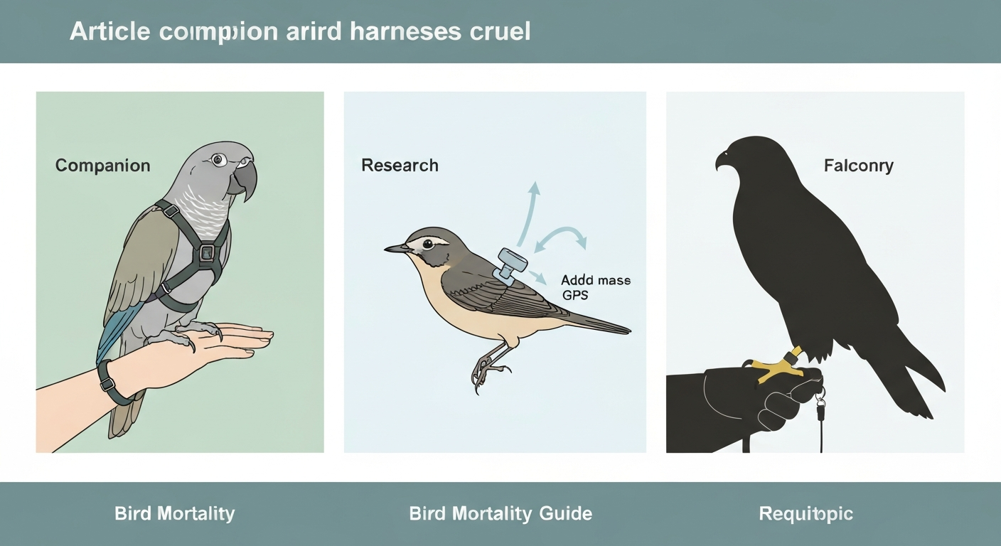 Illustrated infographic showing three harness contexts: a parrot in a figure-8 harness, a small songbird with a backpack GPS tag, and a raptor with an anklet; educational style.