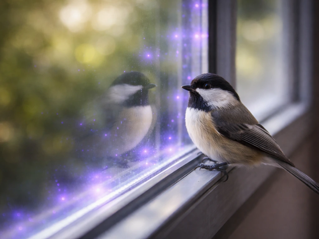 Close-up of a small bird near a reflective window with subtle UV-like light in the background