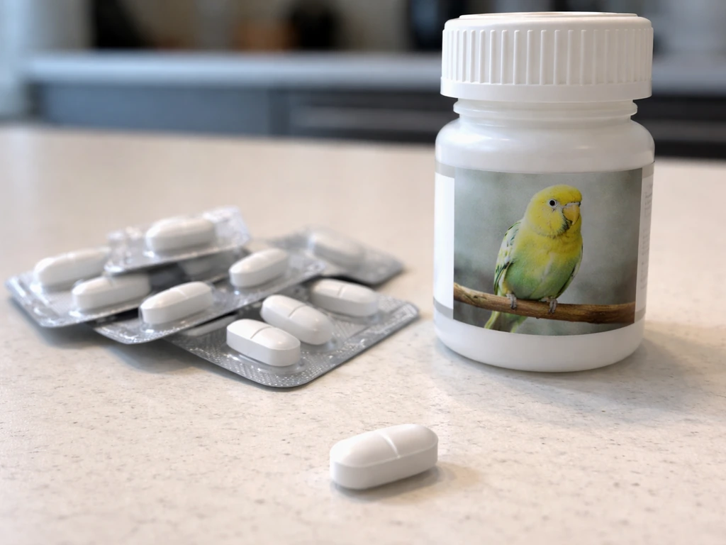 Azithromycin tablets near an unbranded bird medicine bottle, implying the bird version isn’t safe for humans.