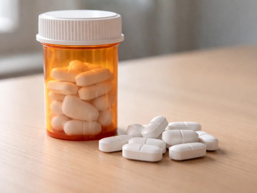 Close-up of a prescription medication bottle and white azithromycin tablets on a neutral tabletop.