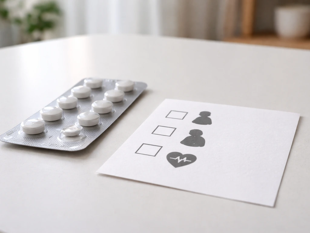 Blister pack with blank checkbox paper beside simple icons for age, pregnancy, and heart rhythm risks.