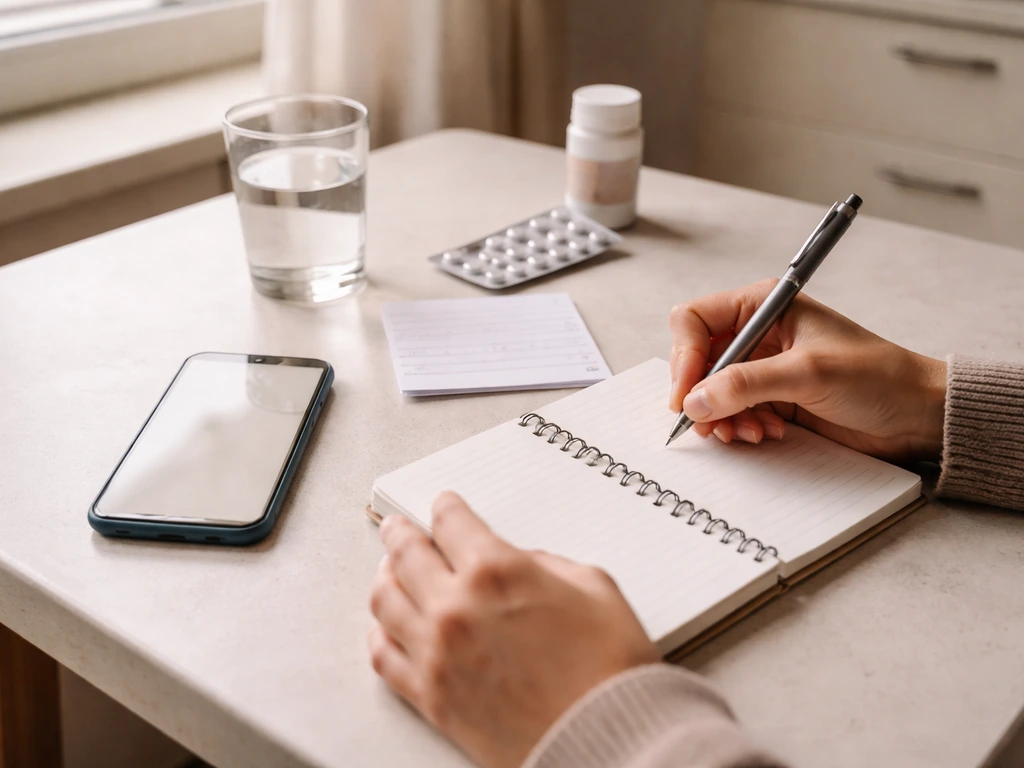 Person in home setting writes symptoms on paper next to phone and a medication list prompt