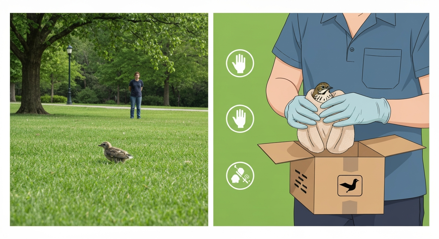 Split illustration: left—person leaving a fledgling alone in grass; right—gloved person wrapping an injured bird in a towel and placing it into a ventilated box, with hand-wash and call-for-help icons.