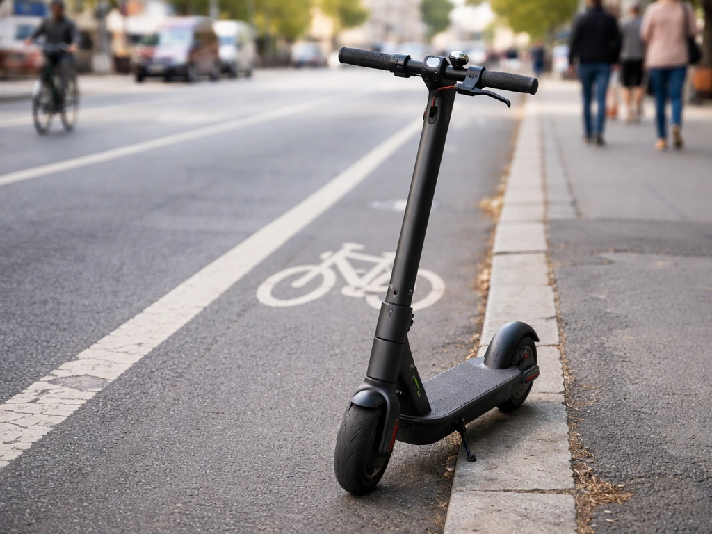 Close-up of an e-scooter on a city street near a bike lane, suggesting everyday riding risks