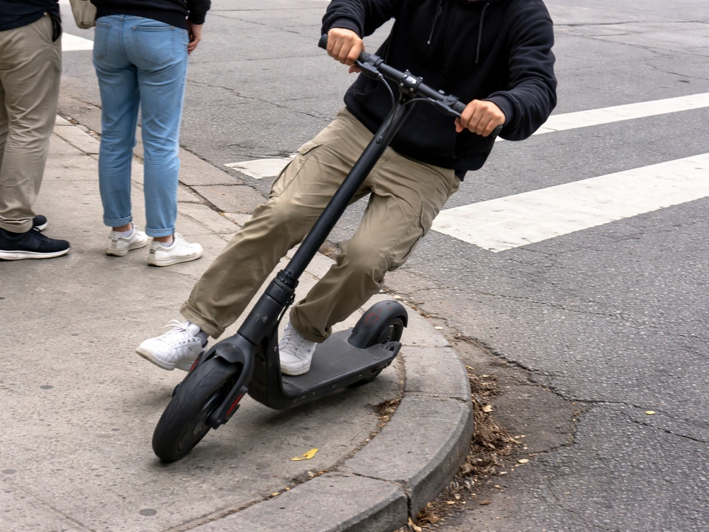 E-scooter wobble near pedestrians by a curb and crossing area, showing collision risk without impact.