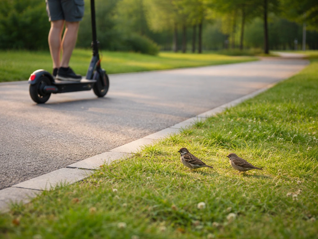 Small scooter passes near roadside birds without contact, showing safe separation in a calm park edge scene.