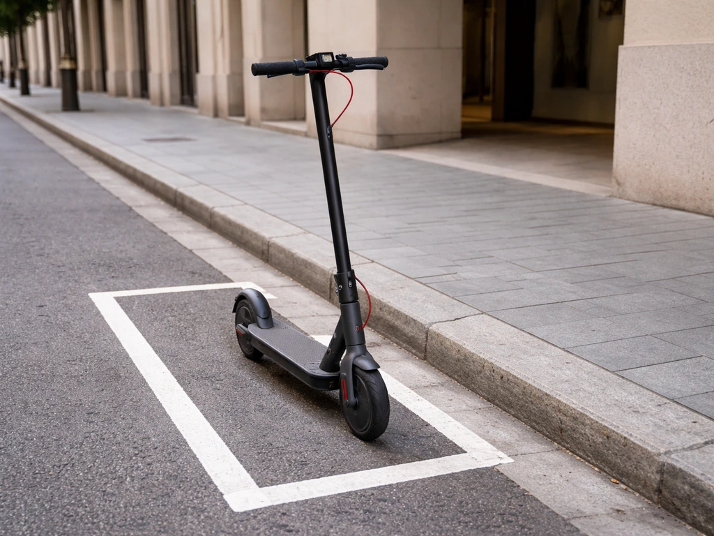 Electric scooter parked upright against a curb with clear sidewalk and doorway accessibility space.