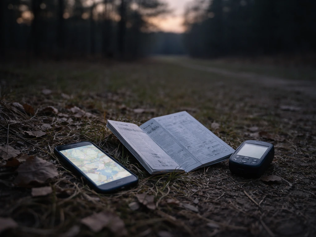 Dusk woodland edge with a GPS device and folded field guide/checklist on leaves, suggesting legal research.