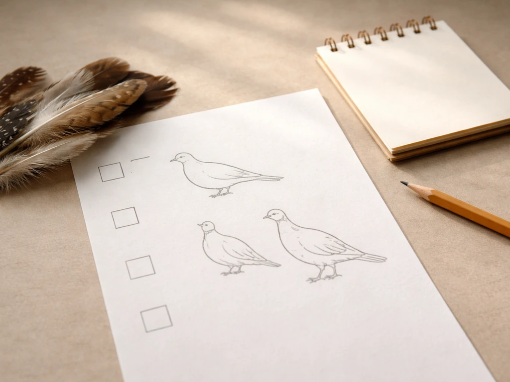 Minimal tabletop scene showing blank checklist and pencil outlines of dove, quail, and grouse.