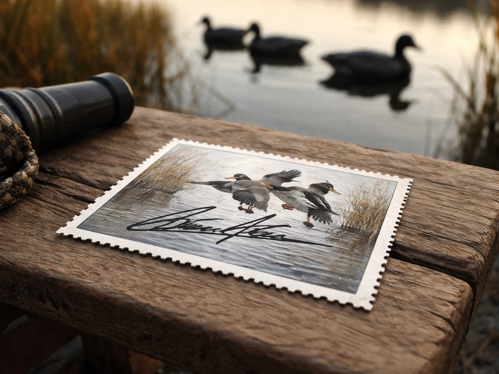 Signed duck hunting stamp resting by floating duck decoys on calm water