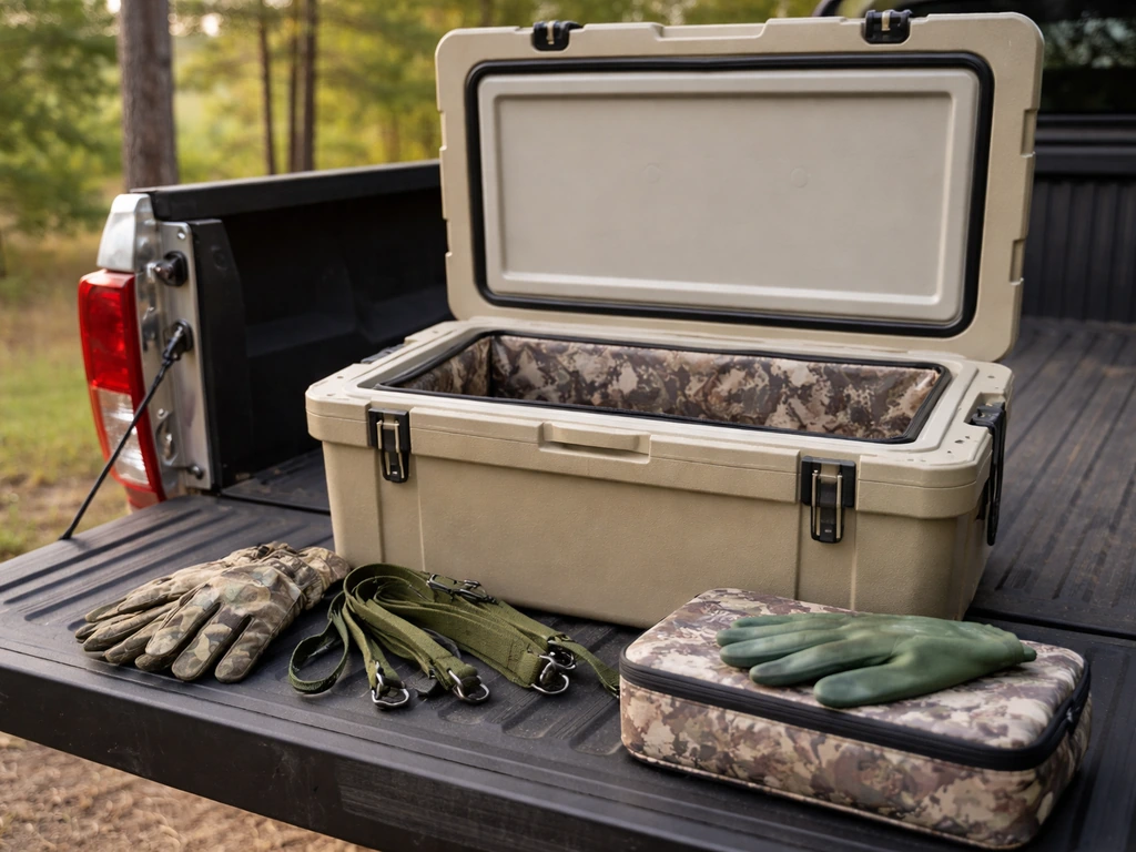 Close view of a hunting gear cooler and gloves prepared for lawful migratory bird transport