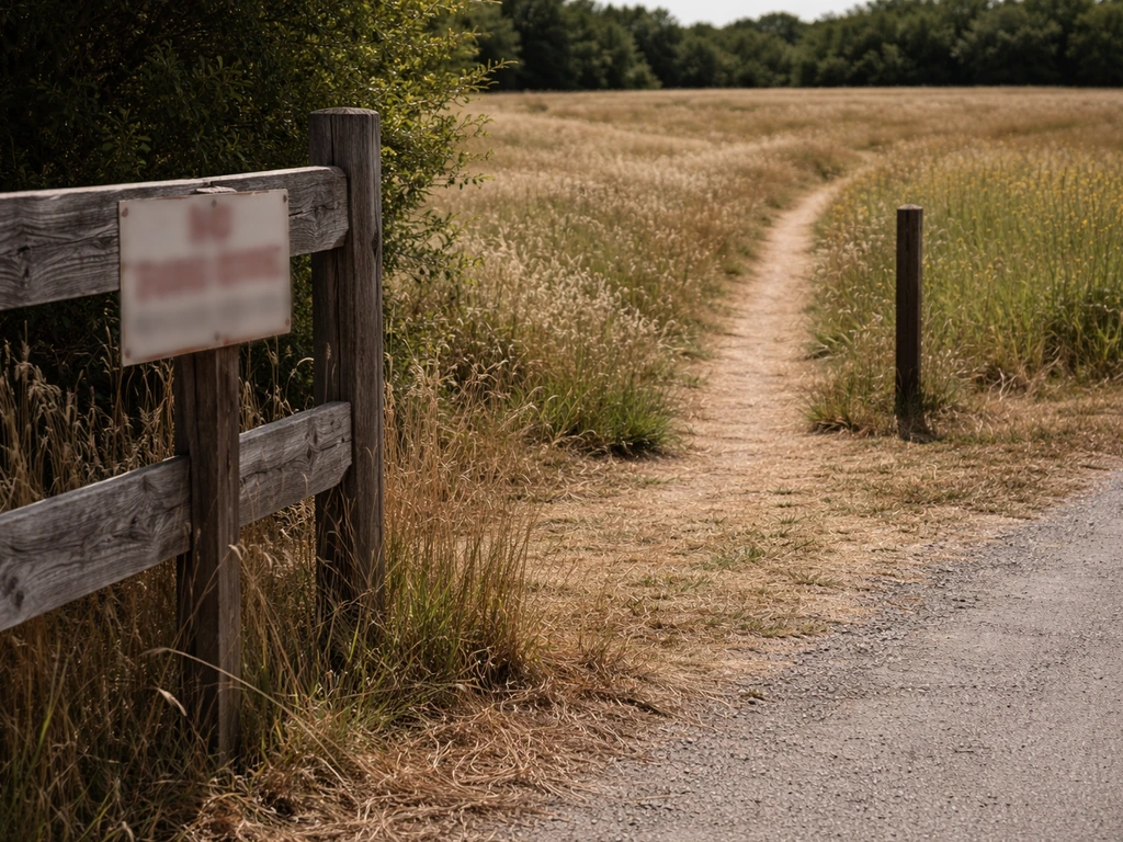 Two-lane view: private property edge with fence and boundary marker beside a public-land trail entrance