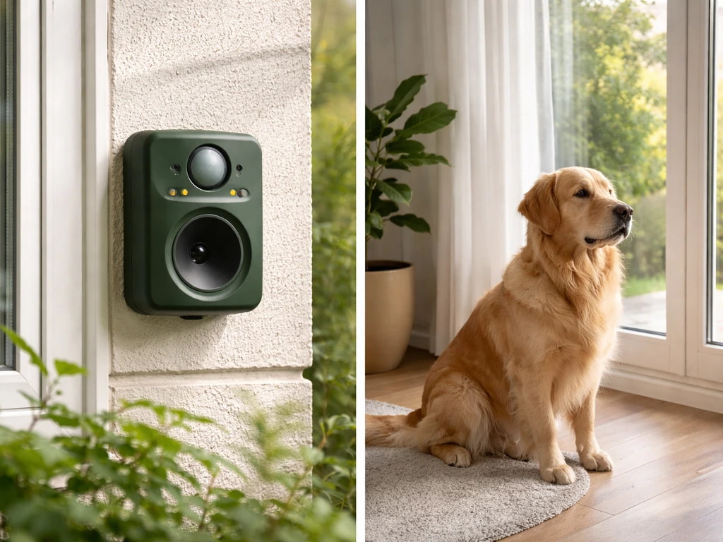Split scene with an outdoor ultrasonic bird repeller device and an indoor dog near a window, highlighting dog safety con
