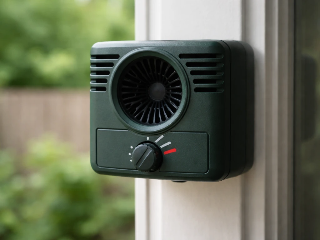 Close-up of an ultrasonic bird repeller device showing its speaker emitters and a high-frequency setting.