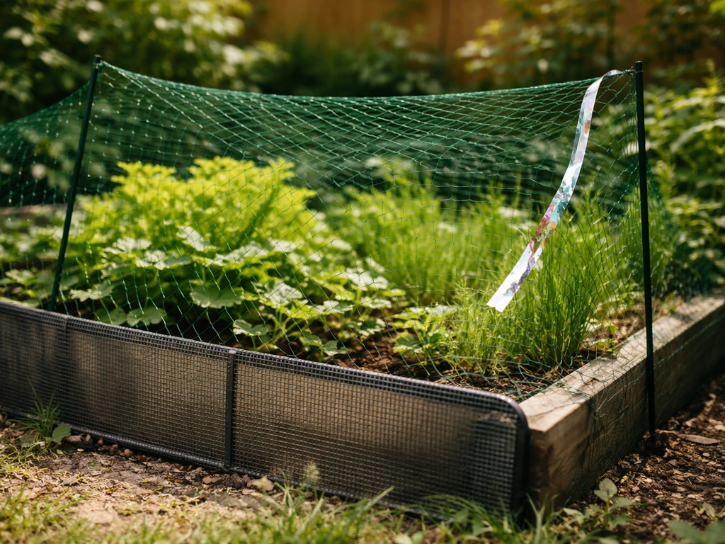 A yard with bird netting and a reflective ribbon barrier near a garden bed, showing non-ultrasound deterrents