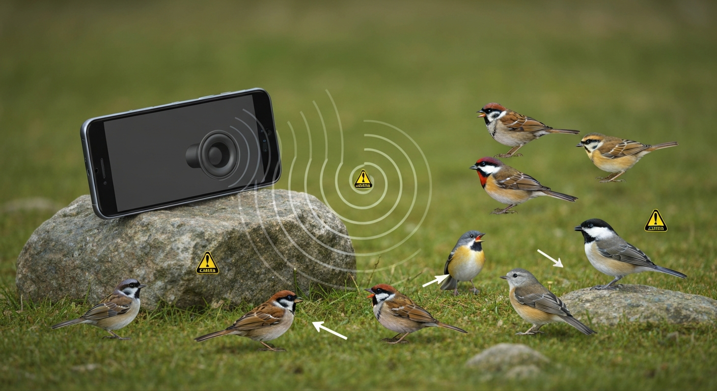 Illustration of a smartphone playing bird calls with sound waves reaching nearby songbirds, showing varied bird responses.