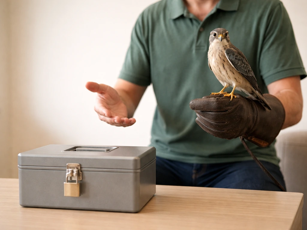 Trainer in a quiet room shows a trained bird beside a locked money box, staged non-theft safety scene.