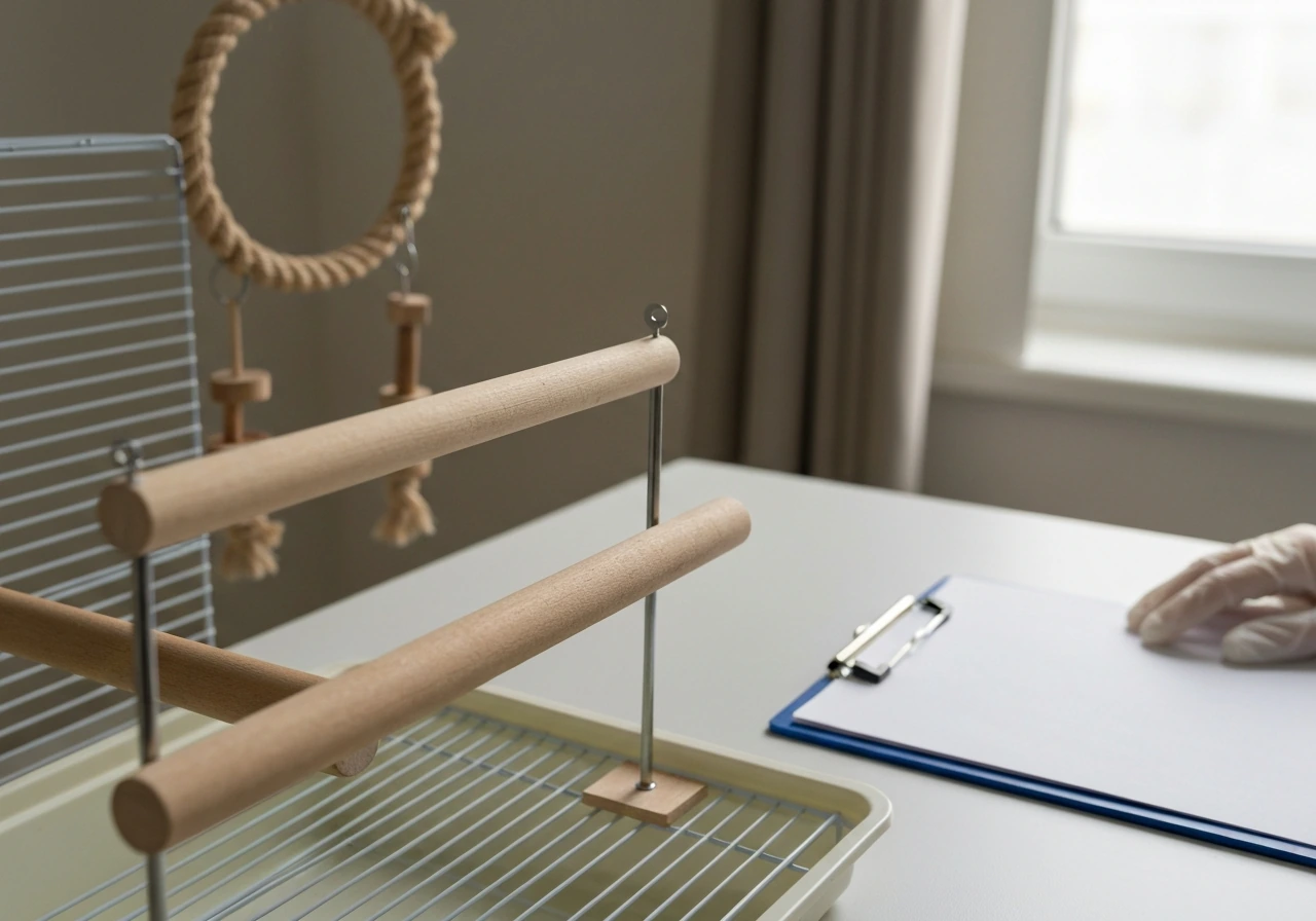 Close-up of a bird training perch and clean cage setup with inspection-style cues nearby.