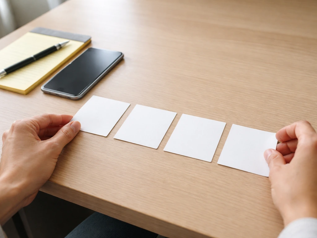 Hands arranging four blank note cards beside a smartphone and pen on a simple desk.