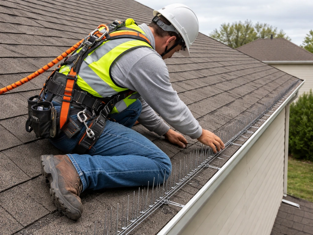 Worker in fall-protection harness installing spike strips along a roof gutter, wearing safety gear.