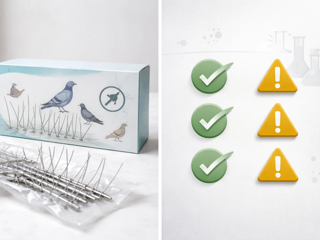Split view: bird deterrent product packaging on one side and simple research-style evidence icons on the other.