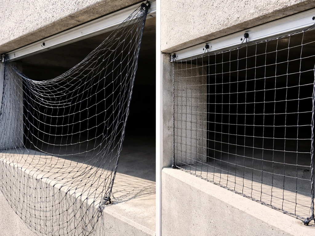 Close view of bird netting where one section hangs loosely beside a properly tensioned, anchored section.