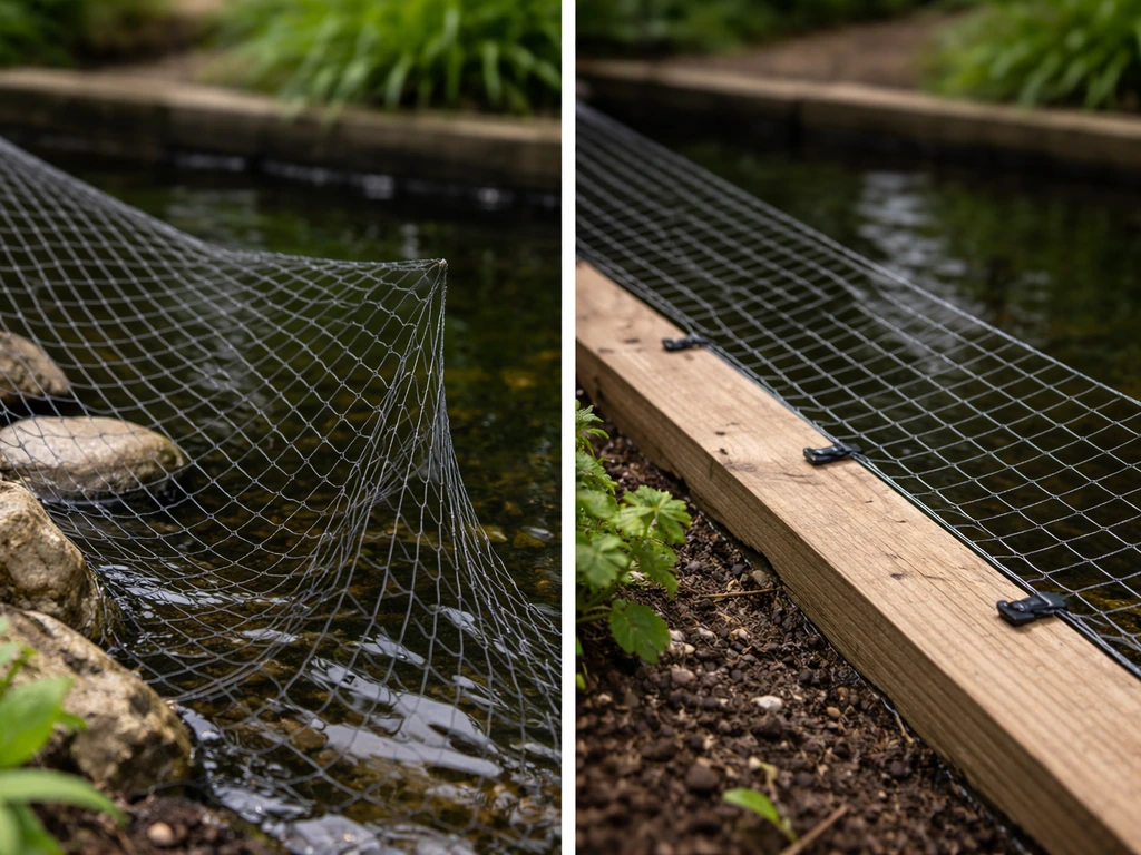 Close-up of loose bird netting over a pond edge showing poor tension, with nearby taut anchored netting detail