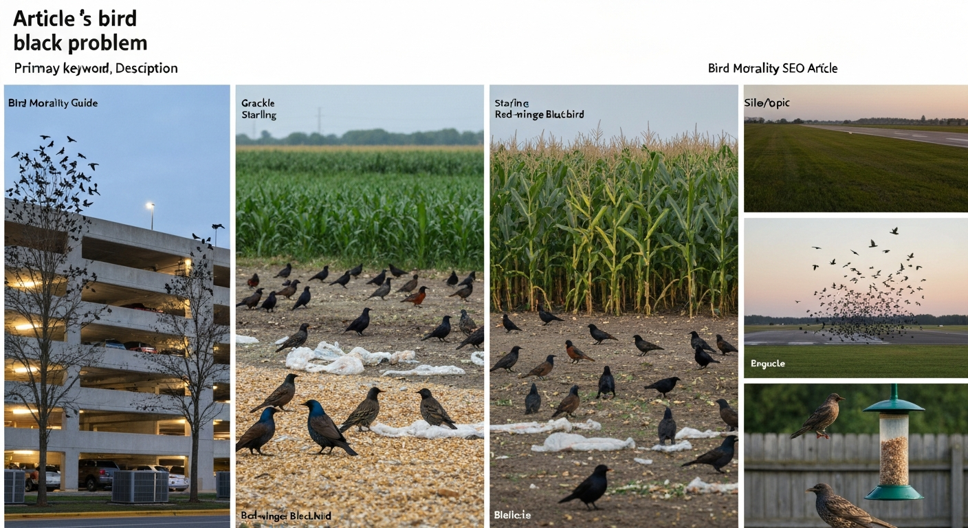 Composite photo-realistic scene showing urban roosting grackles, farm flocks feeding on corn, an airport runway with a flock nearby, and a backyard feeder overrun by starlings — illustrating varied 'black bird' problems.