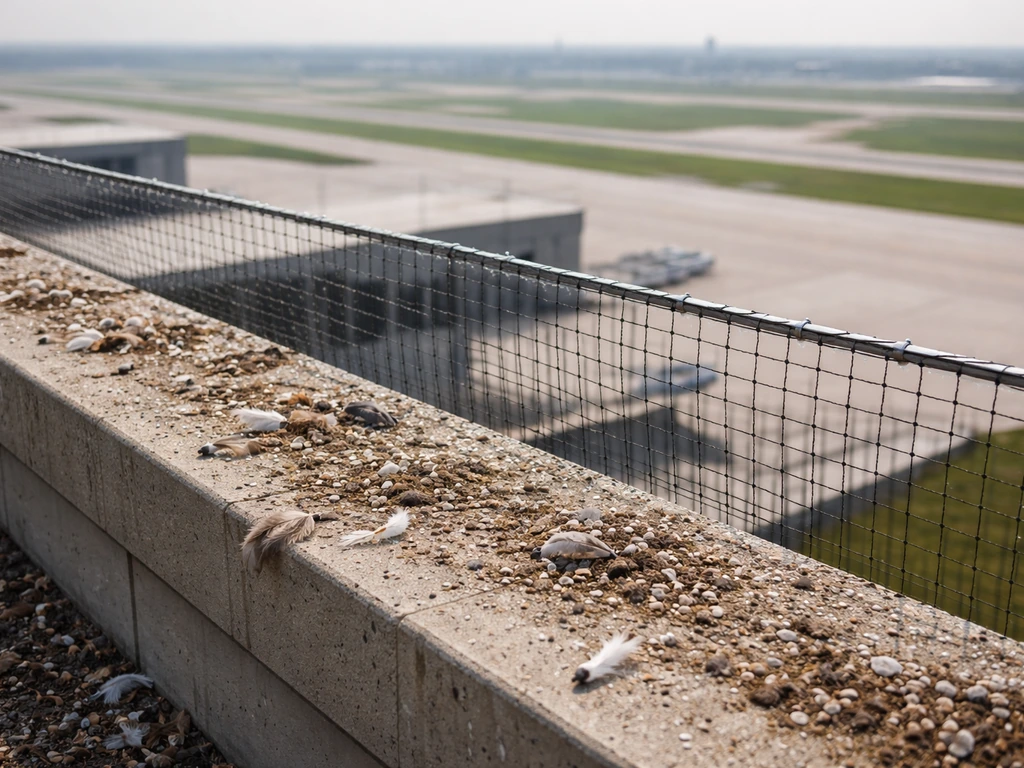 Roof ledge with pigeon droppings and installed bird netting, with a distant airport runway horizon.