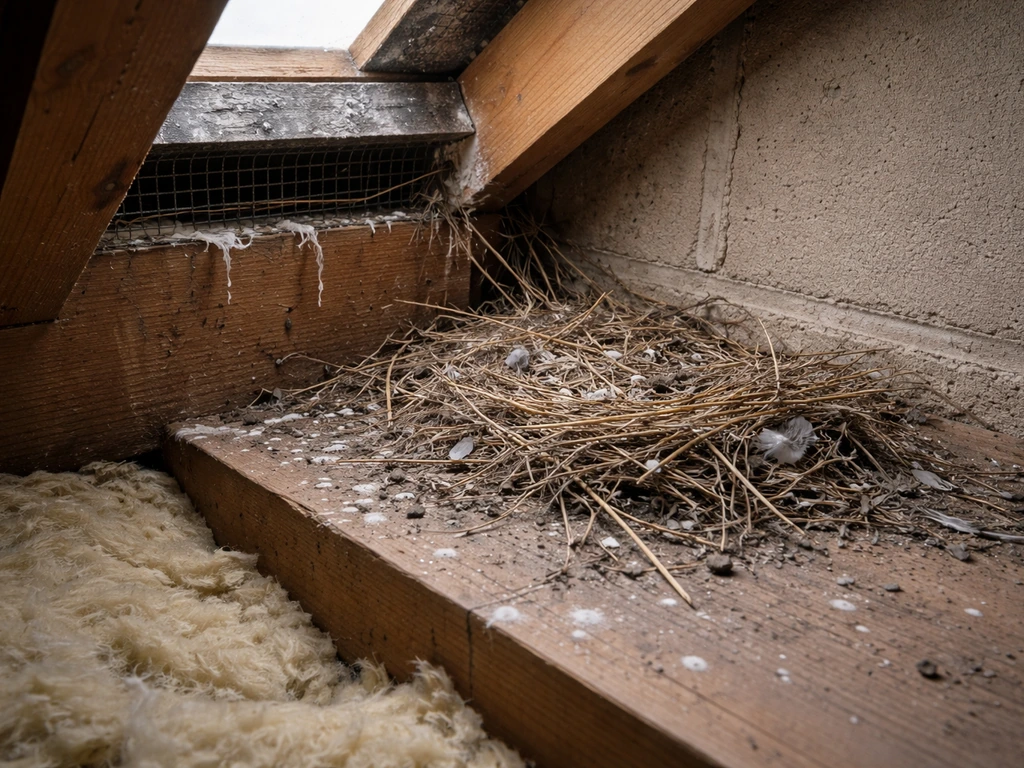 Attic roof space with pigeon nesting materials, visible droppings, and small entry gaps near a vent.