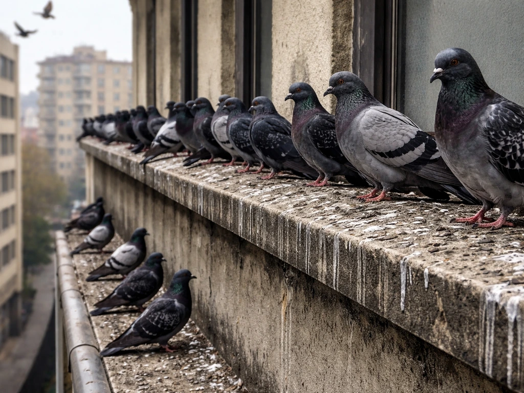 Feral pigeons perched on an urban building ledge with visible droppings indicating high local nuisance density.