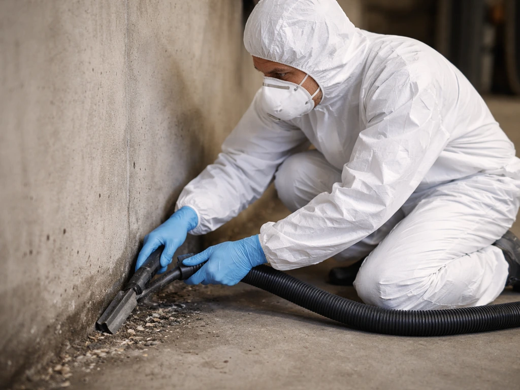 Anonymous worker in respirator and gloves cleaning bird droppings on a concrete floor safely