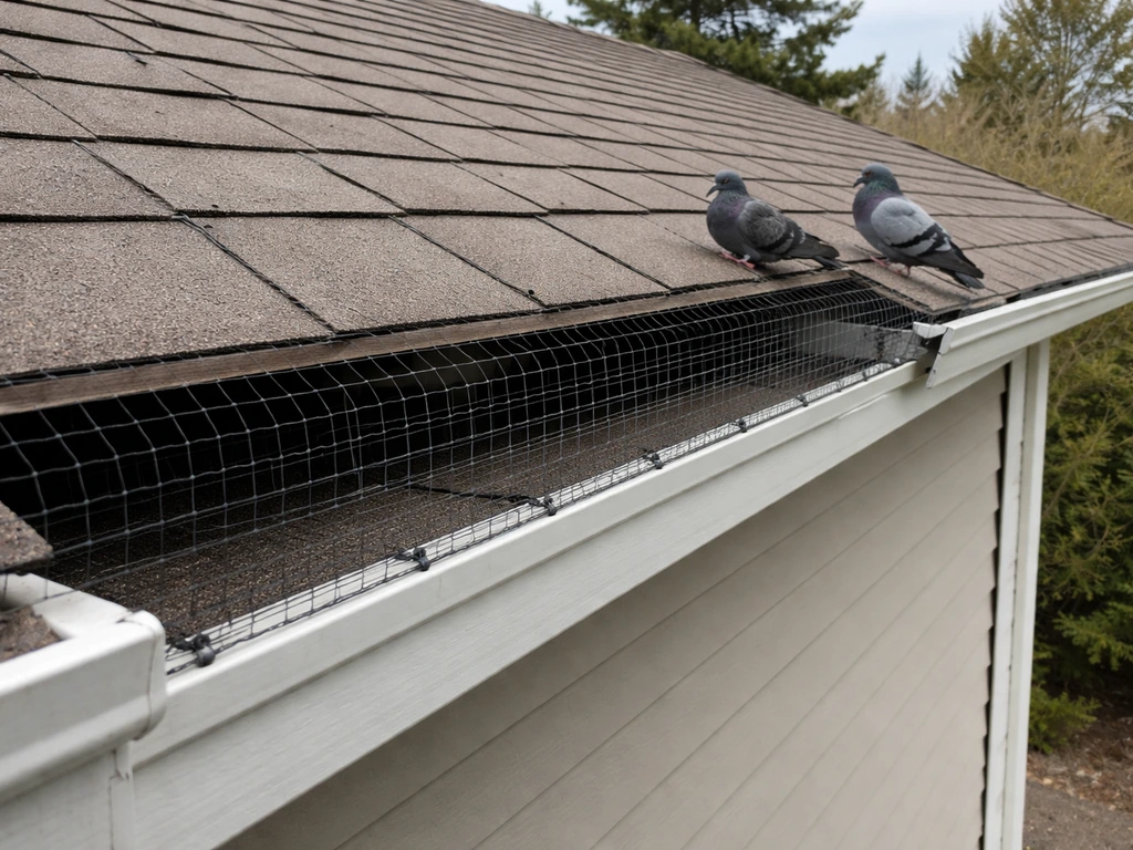 Realistic roof scene with properly installed bird netting over a ledge deterring pigeons nearby