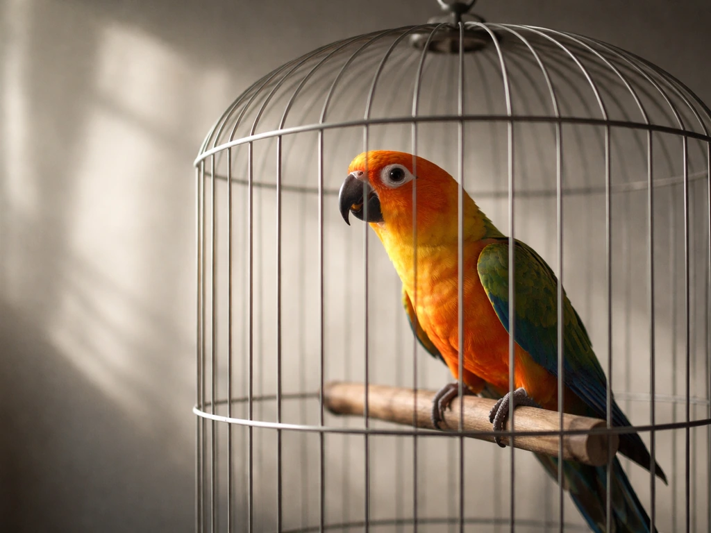 Alert parrot perched inside a cage with dramatic shadow cues in a softly lit room