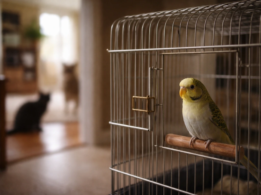 Pet bird perched in a cage in a living room as blurred cat and dog predator cues appear behind it.