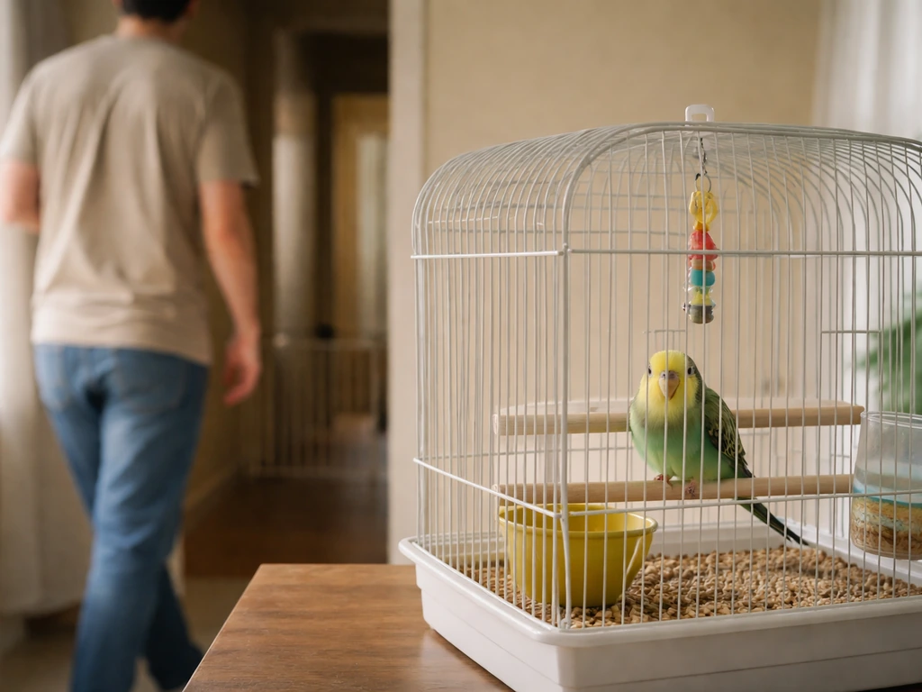 Calm owner backing away from an indoor birdcage while the bird looks alarmed, with a removed trigger nearby.
